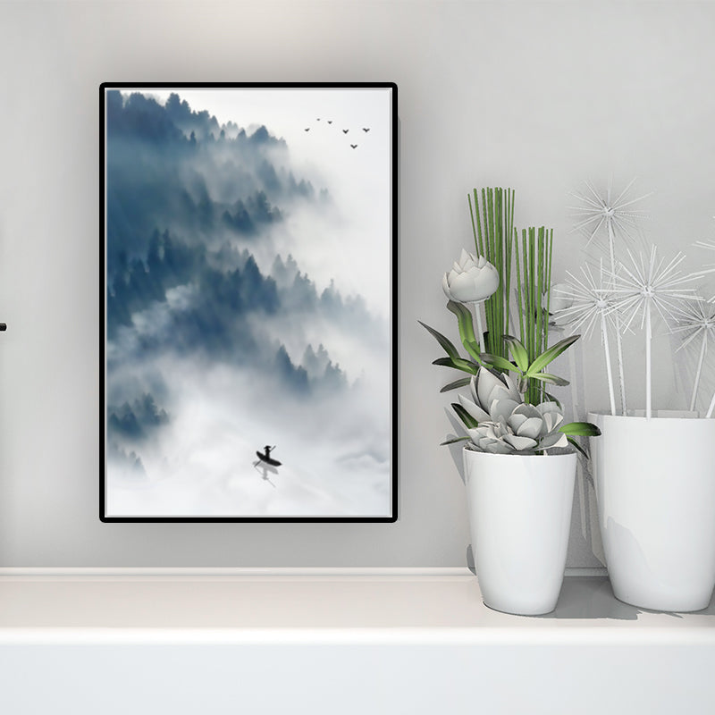 Light-Color Asian Wall Art Boat Floats on Lake by the Foggy Forest Canvas Print for Dining Room - Clearhalo - 'Arts' - 'Canvas Art' - 1616027