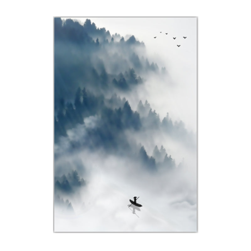 Light-Color Asian Wall Art Boat Floats on Lake by the Foggy Forest Canvas Print for Dining Room - Clearhalo - 'Arts' - 'Canvas Art' - 1616028