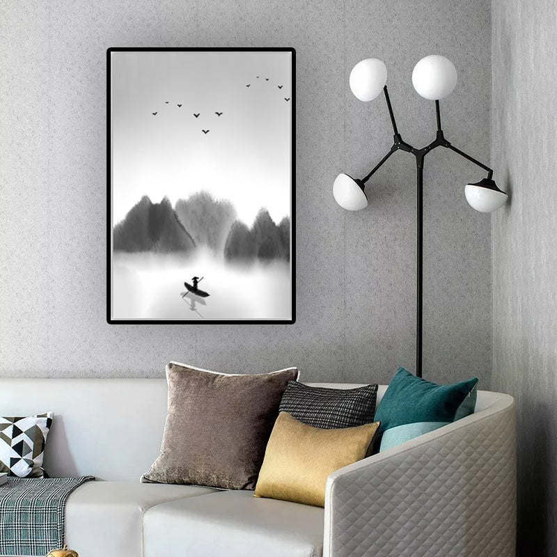 Light-Color Asian Wall Art Boat Floats on Lake by the Foggy Forest Canvas Print for Dining Room - Black - Clearhalo - 'Arts' - 'Canvas Art' - 1616032