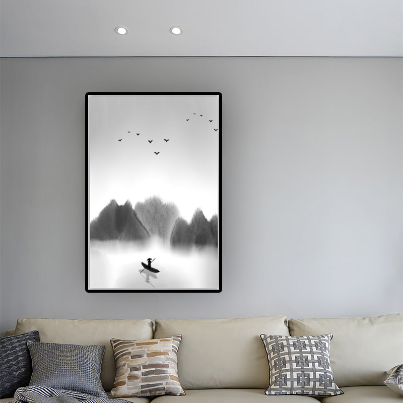 Light-Color Asian Wall Art Boat Floats on Lake by the Foggy Forest Canvas Print for Dining Room Clearhalo 'Arts' 'Canvas Art' 1616033