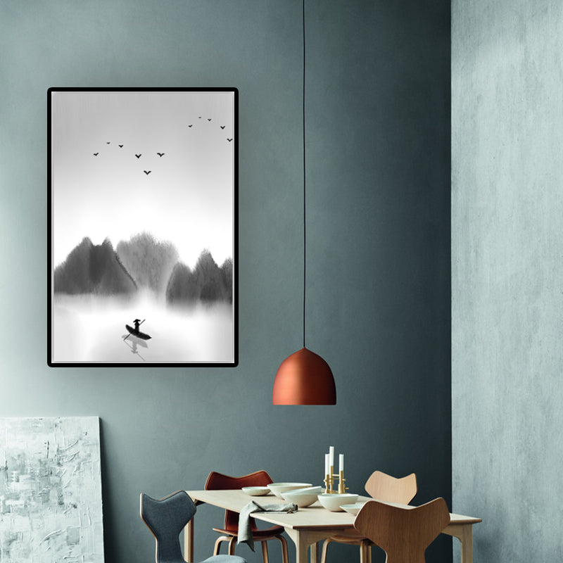 Light-Color Asian Wall Art Boat Floats on Lake by the Foggy Forest Canvas Print for Dining Room - Clearhalo - 'Arts' - 'Canvas Art' - 1616034