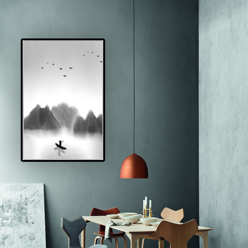 Light-Color Asian Wall Art Boat Floats on Lake by the Foggy Forest Canvas Print for Dining Room Clearhalo 'Arts' 'Canvas Art' 1616034