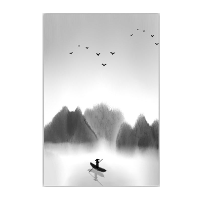 Light-Color Asian Wall Art Boat Floats on Lake by the Foggy Forest Canvas Print for Dining Room - Clearhalo - 'Arts' - 'Canvas Art' - 1616035