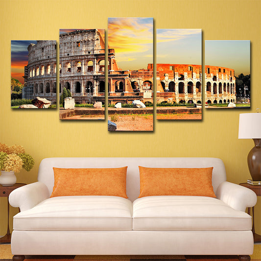 Orange Colosseum Sunset Scenery Canvas Multi-Piece Global Inspired Parlor Wall Art Orange Clearhalo 'Art Gallery' 'Canvas Art' 'Contemporary Art Gallery' 'Modern' Arts' 1616060