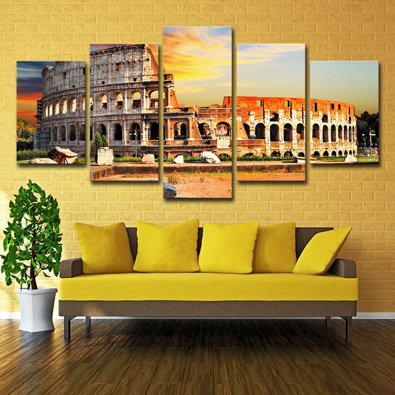 Orange Colosseum Sunset Scenery Canvas Multi-Piece Global Inspired Parlor Wall Art Clearhalo 'Art Gallery' 'Canvas Art' 'Contemporary Art Gallery' 'Modern' Arts' 1616061