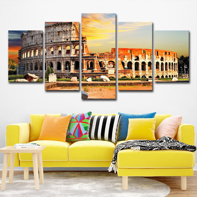 Orange Colosseum Sunset Scenery Canvas Multi-Piece Global Inspired Parlor Wall Art Clearhalo 'Art Gallery' 'Canvas Art' 'Contemporary Art Gallery' 'Modern' Arts' 1616062