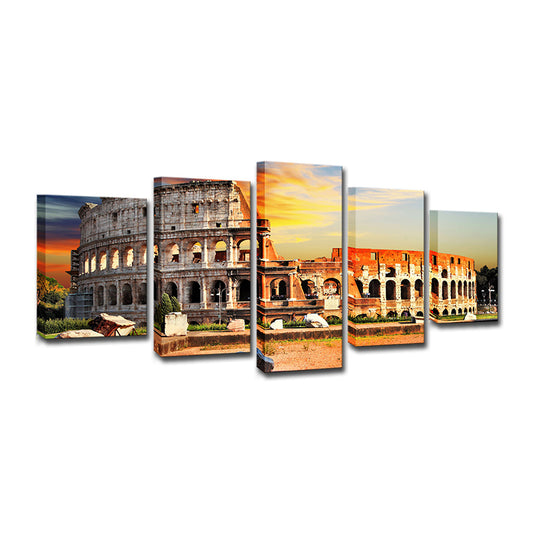 Orange Colosseum Sunset Scenery Canvas Multi-Piece Global Inspired Parlor Wall Art Clearhalo 'Art Gallery' 'Canvas Art' 'Contemporary Art Gallery' 'Modern' Arts' 1616063
