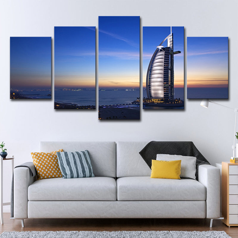 Landmark Wall Art Decor for Room Burj Al Arab Hotel at Sunset Canvas in Blue, Multi-Piece Clearhalo 'Art Gallery' 'Canvas Art' 'Contemporary Art Gallery' 'Modern' Arts' 1616089