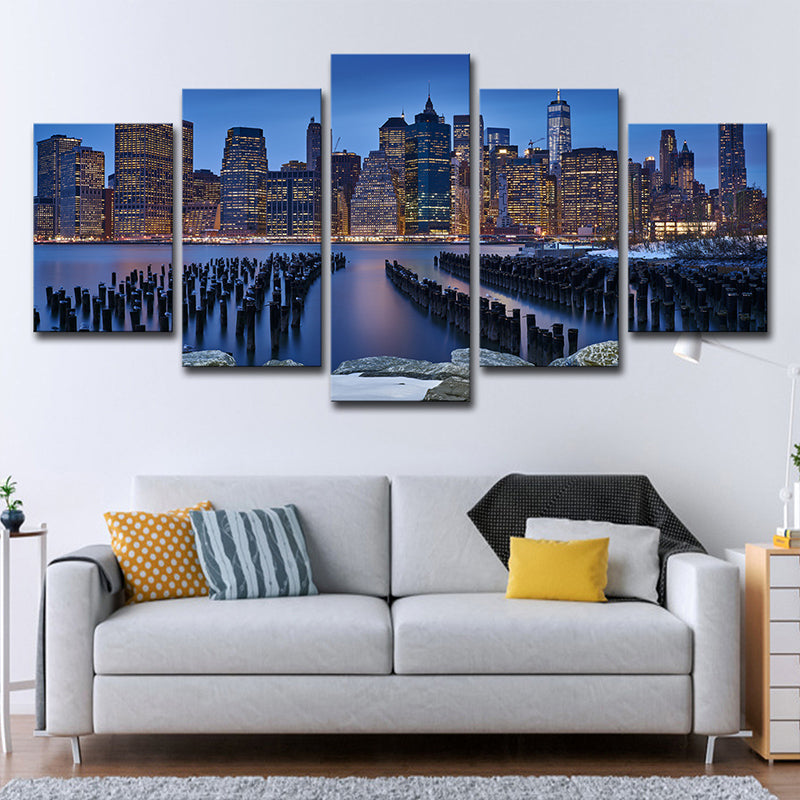 Manhattan Night View Wall Art Decor Blue Contemporary Canvas Print for Living Room Clearhalo 'Art Gallery' 'Canvas Art' 'Contemporary Art Gallery' 'Modern' Arts' 1616096