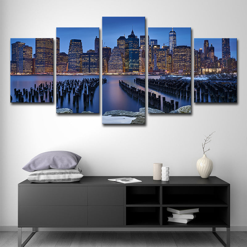 Manhattan Night View Wall Art Decor Blue Contemporary Canvas Print for Living Room Clearhalo 'Art Gallery' 'Canvas Art' 'Contemporary Art Gallery' 'Modern' Arts' 1616097