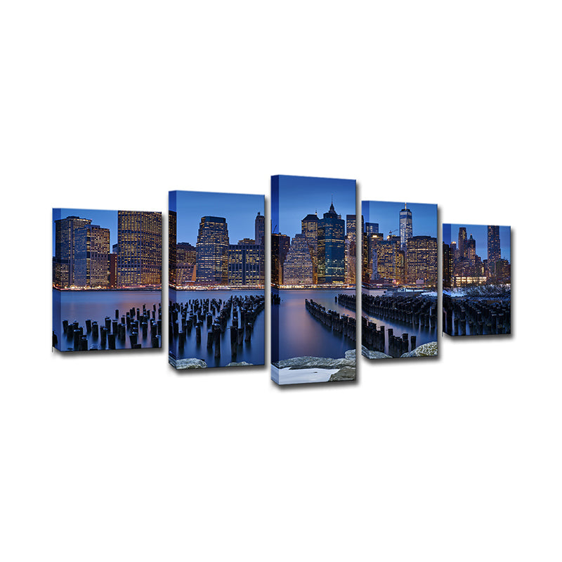Manhattan Night View Wall Art Decor Blue Contemporary Canvas Print for Living Room Clearhalo 'Art Gallery' 'Canvas Art' 'Contemporary Art Gallery' 'Modern' Arts' 1616098