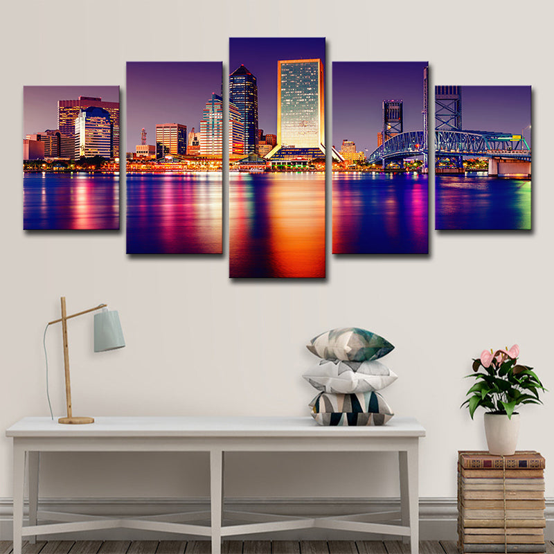 Modern Skyscraper Night Cityscape Canvas Purple Multi-Piece Wall Art Print for Home Clearhalo 'Art Gallery' 'Canvas Art' 'Contemporary Art Gallery' 'Modern' Arts' 1616110