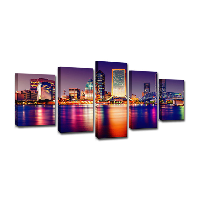 Modern Skyscraper Night Cityscape Canvas Purple Multi-Piece Wall Art Print for Home Clearhalo 'Art Gallery' 'Canvas Art' 'Contemporary Art Gallery' 'Modern' Arts' 1616112