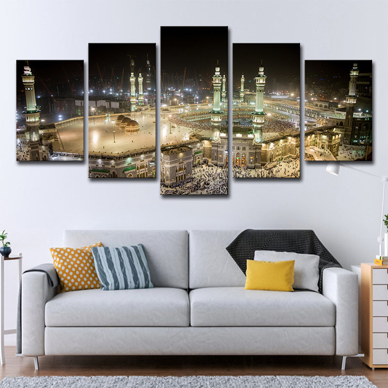 Multi-Piece Night Mosque View Art Print Modern Style Canvas Wall Decoration in Brown Brown Clearhalo 'Art Gallery' 'Canvas Art' 'Contemporary Art Gallery' 'Modern' Arts' 1616123