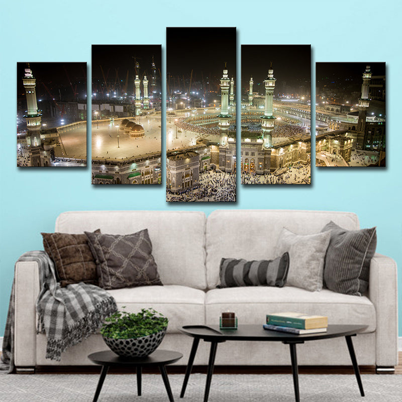 Multi-Piece Night Mosque View Art Print Modern Style Canvas Wall Decoration in Brown Clearhalo 'Art Gallery' 'Canvas Art' 'Contemporary Art Gallery' 'Modern' Arts' 1616124