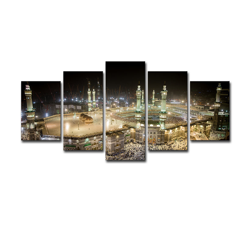 Multi-Piece Night Mosque View Art Print Modern Style Canvas Wall Decoration in Brown Clearhalo 'Art Gallery' 'Canvas Art' 'Contemporary Art Gallery' 'Modern' Arts' 1616126