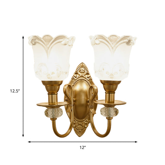 Frosted Glass Petal Wall Lamp 1/2 Light Contemporary Sconce Lighting with Crystal Deco and Carved Backplate in Gold