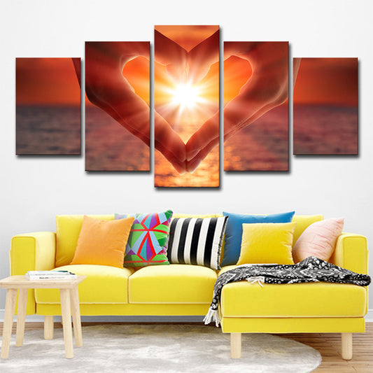 Sunset Heart Hands Wall Art Print Modernist Multi-Piece Canvas in Brown for Bedroom Brown Clearhalo 'Art Gallery' 'Canvas Art' 'Contemporary Art Gallery' 'Modern' Arts' 1616193