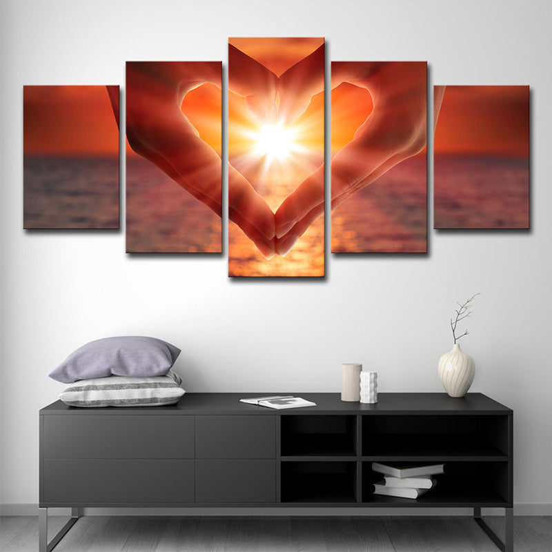 Sunset Heart Hands Wall Art Print Modernist Multi-Piece Canvas in Brown for Bedroom Clearhalo 'Art Gallery' 'Canvas Art' 'Contemporary Art Gallery' 'Modern' Arts' 1616195