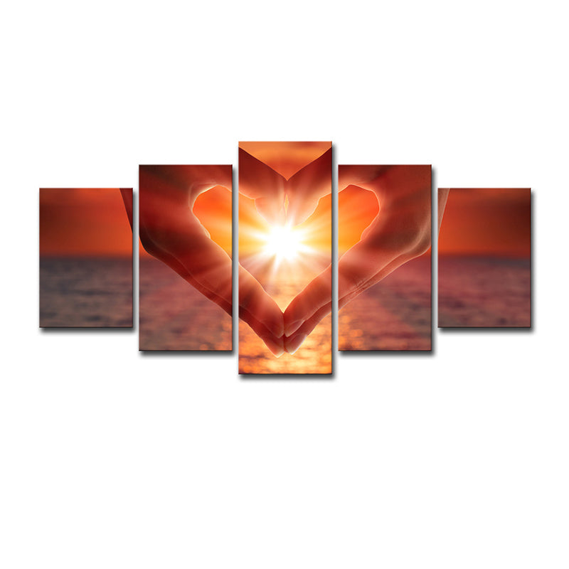 Sunset Heart Hands Wall Art Print Modernist Multi-Piece Canvas in Brown for Bedroom Clearhalo 'Art Gallery' 'Canvas Art' 'Contemporary Art Gallery' 'Modern' Arts' 1616196