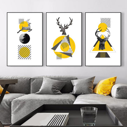 Nordic Wall Art Yellow-White Deer and Geometric Shapes Canvas Print for Living Room White Clearhalo 'Arts' 'Canvas Art' 1616261