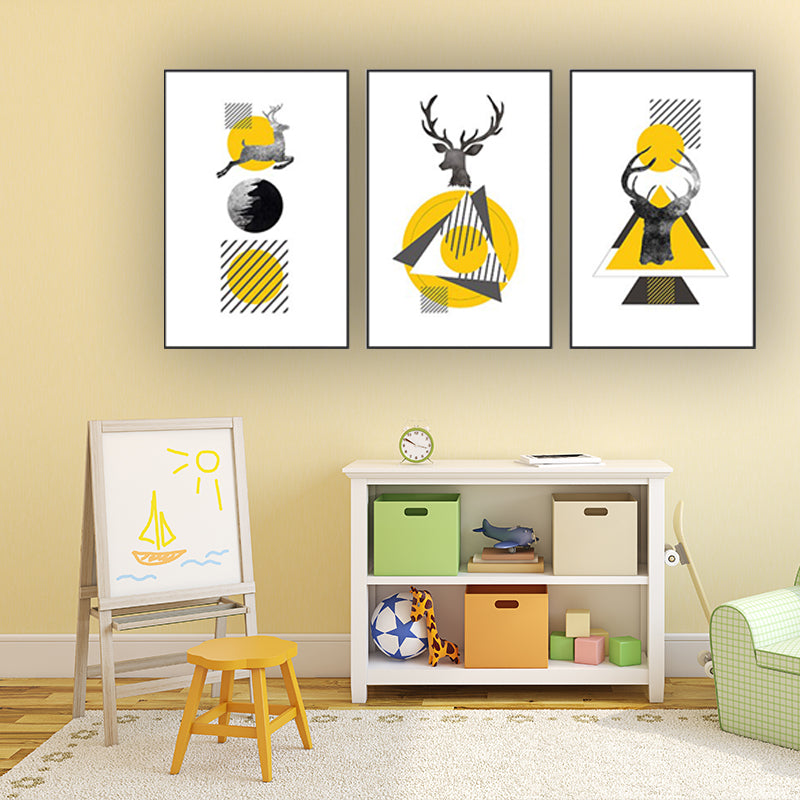 Nordic Wall Art Yellow-White Deer and Geometric Shapes Canvas Print for Living Room Clearhalo 'Arts' 'Canvas Art' 1616263