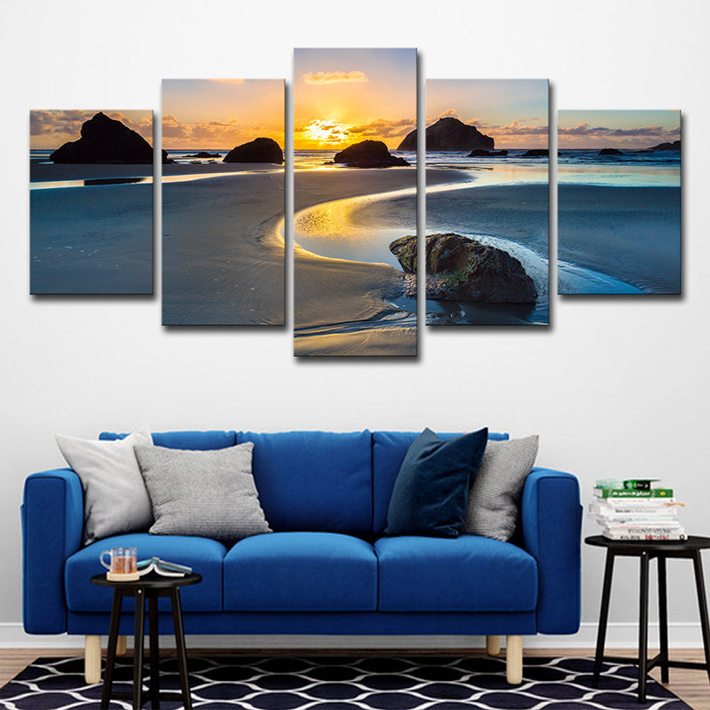 Sundown Rock Seashore Wall Art Yellow Tropical Canvas Print for Sitting Room, Multi-Piece Clearhalo 'Art Gallery' 'Canvas Art' 'Coastal Art Gallery' 'Nautical' Arts' 1616326