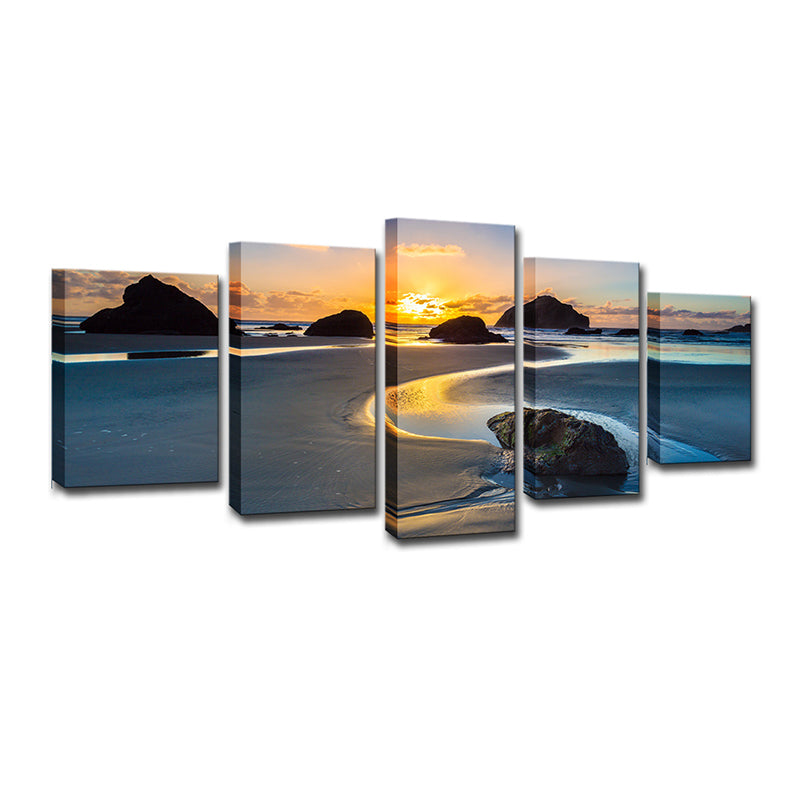 Sundown Rock Seashore Wall Art Yellow Tropical Canvas Print for Sitting Room, Multi-Piece Clearhalo 'Art Gallery' 'Canvas Art' 'Coastal Art Gallery' 'Nautical' Arts' 1616327