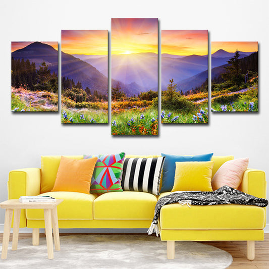 Country Blossom Flower Wall Decor Gold Sunburst Above Mountain Scenery Canvas Art Gold Clearhalo 'Art Gallery' 'Canvas Art' 'Country Art Gallery' 'French Country' 'Rustic' Arts' 1616331