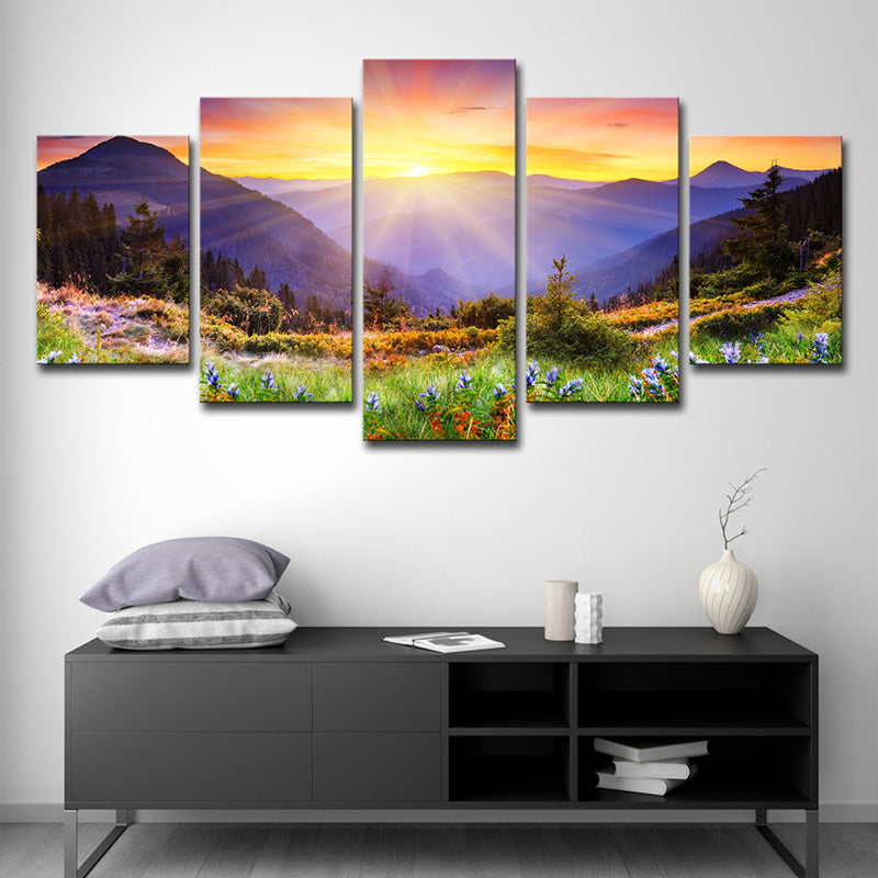 Country Blossom Flower Wall Decor Gold Sunburst Above Mountain Scenery Canvas Art Clearhalo 'Art Gallery' 'Canvas Art' 'Country Art Gallery' 'French Country' 'Rustic' Arts' 1616332