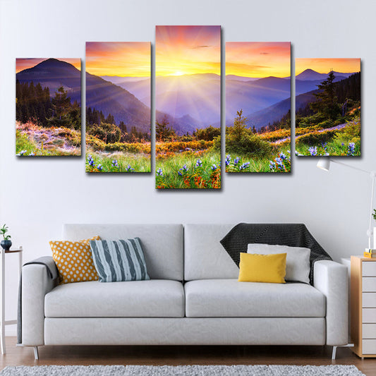 Country Blossom Flower Wall Decor Gold Sunburst Above Mountain Scenery Canvas Art Clearhalo 'Art Gallery' 'Canvas Art' 'Country Art Gallery' 'French Country' 'Rustic' Arts' 1616333