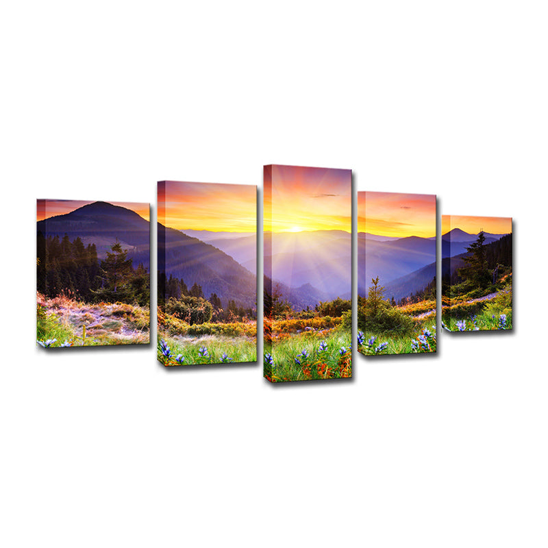 Country Blossom Flower Wall Decor Gold Sunburst Above Mountain Scenery Canvas Art Clearhalo 'Art Gallery' 'Canvas Art' 'Country Art Gallery' 'French Country' 'Rustic' Arts' 1616334