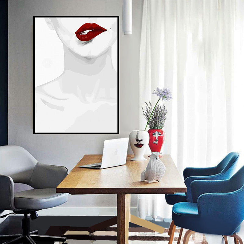 Fashion Canvas Wall Art Minimalist Sexy Woman Neck Bone and Red Lip Wall Decor in White White Clearhalo 'Arts' 'Canvas Art' 1616338