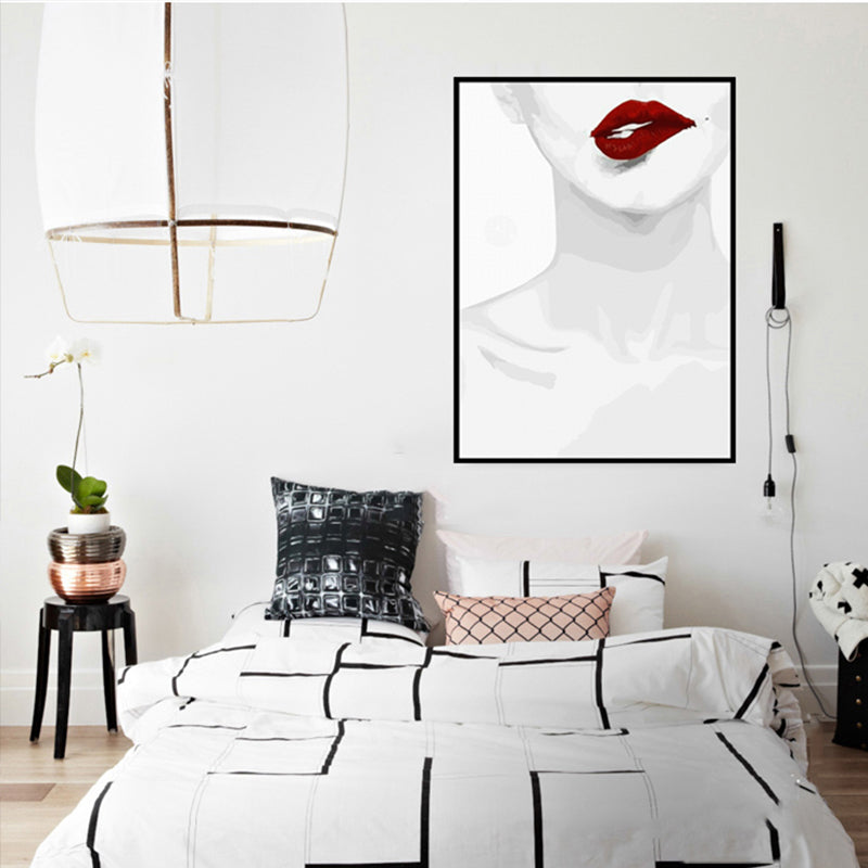 Fashion Canvas Wall Art Minimalist Sexy Woman Neck Bone and Red Lip Wall Decor in White Clearhalo 'Arts' 'Canvas Art' 1616339