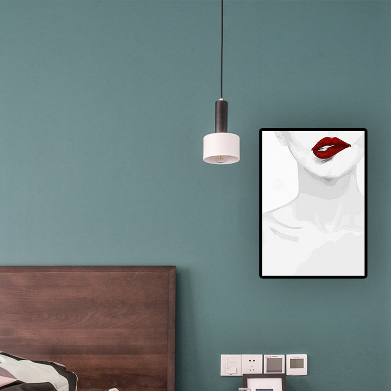 Fashion Canvas Wall Art Minimalist Sexy Woman Neck Bone and Red Lip Wall Decor in White Clearhalo 'Arts' 'Canvas Art' 1616340