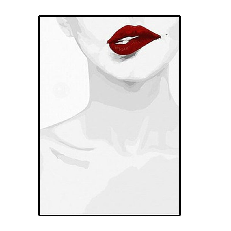 Fashion Canvas Wall Art Minimalist Sexy Woman Neck Bone and Red Lip Wall Decor in White Clearhalo 'Arts' 'Canvas Art' 1616341