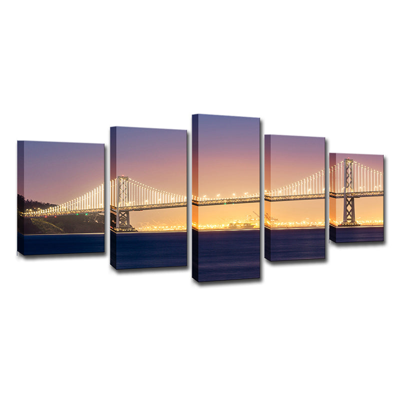 Sea Bridge Night View Canvas Art Orange and Purple Contemporary Wall Decor for Home Clearhalo 'Arts' 'Canvas Art' 1616376