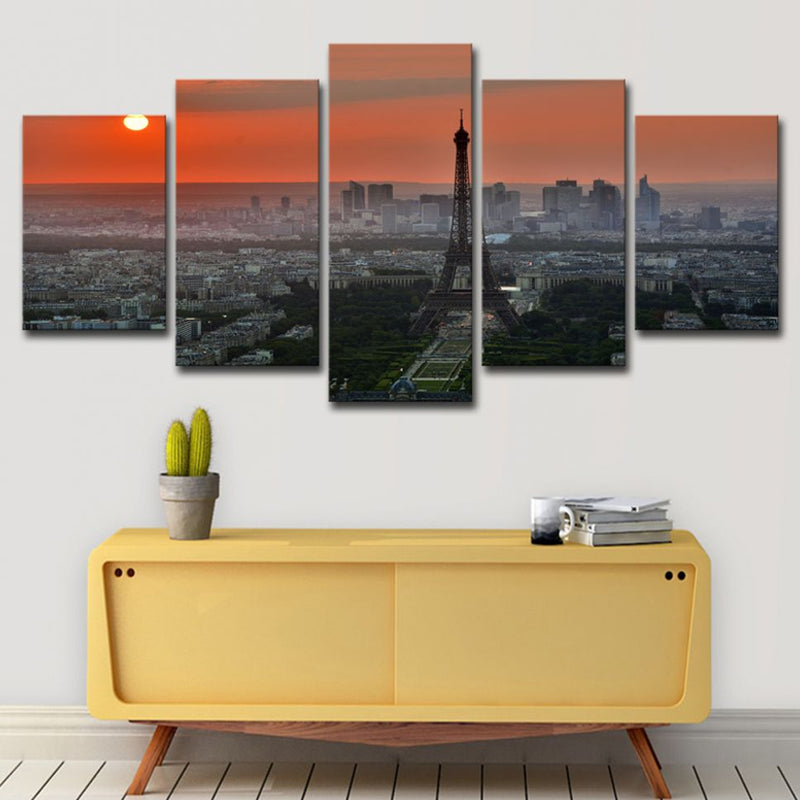 Canvas Multi-Piece Art Print Modern Sunset Aerial View of Eiffel Tower Wall Decoration Red Clearhalo 'Arts' 'Canvas Art' 1616380