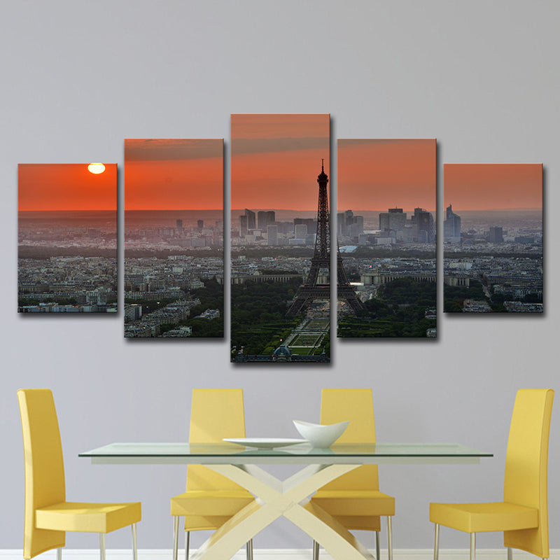 Canvas Multi-Piece Art Print Modern Sunset Aerial View of Eiffel Tower Wall Decoration Clearhalo 'Arts' 'Canvas Art' 1616381