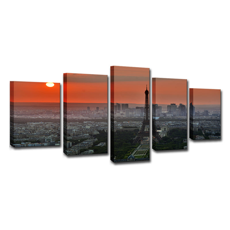 Canvas Multi-Piece Art Print Modern Sunset Aerial View of Eiffel Tower Wall Decoration Clearhalo 'Arts' 'Canvas Art' 1616383