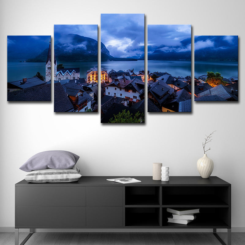 Blue Global Inspired Canvas Print Hallstatt Lake Town Night Scenery Wall Art Decor for Home Blue Clearhalo 'Arts' 'Canvas Art' 1616394