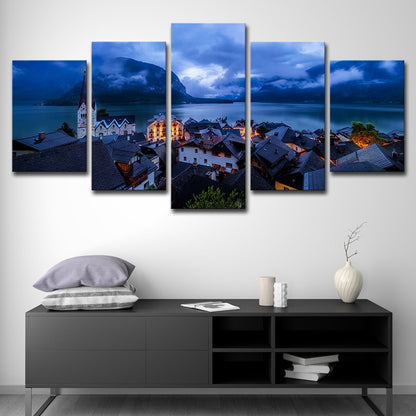 Blue Global Inspired Canvas Print Hallstatt Lake Town Night Scenery Wall Art Decor for Home Blue Clearhalo 'Arts' 'Canvas Art' 1616394