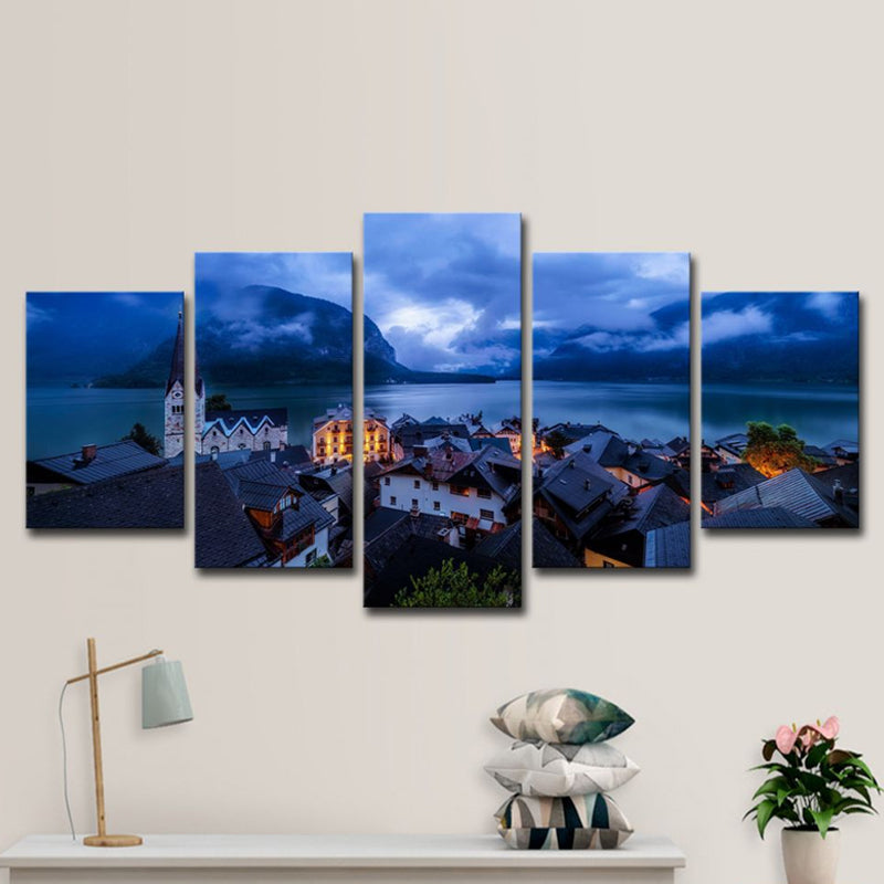 Blue Global Inspired Canvas Print Hallstatt Lake Town Night Scenery Wall Art Decor for Home Clearhalo 'Arts' 'Canvas Art' 1616395