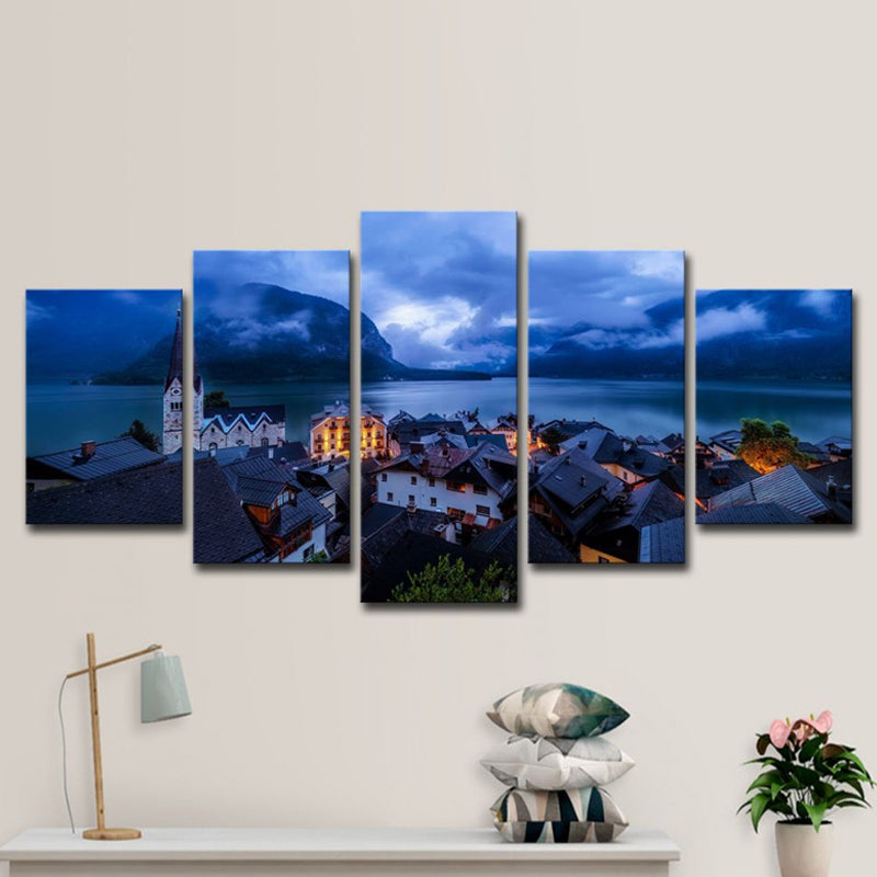 Blue Global Inspired Canvas Print Hallstatt Lake Town Night Scenery Wall Art Decor for Home - Clearhalo - 'Arts' - 'Canvas Art' - 1616395