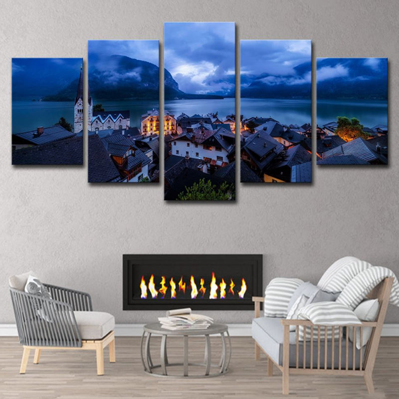 Blue Global Inspired Canvas Print Hallstatt Lake Town Night Scenery Wall Art Decor for Home Clearhalo 'Arts' 'Canvas Art' 1616396