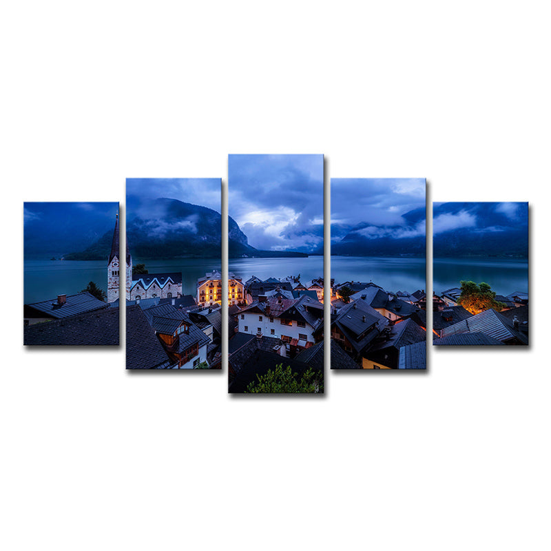 Blue Global Inspired Canvas Print Hallstatt Lake Town Night Scenery Wall Art Decor for Home Clearhalo 'Arts' 'Canvas Art' 1616397