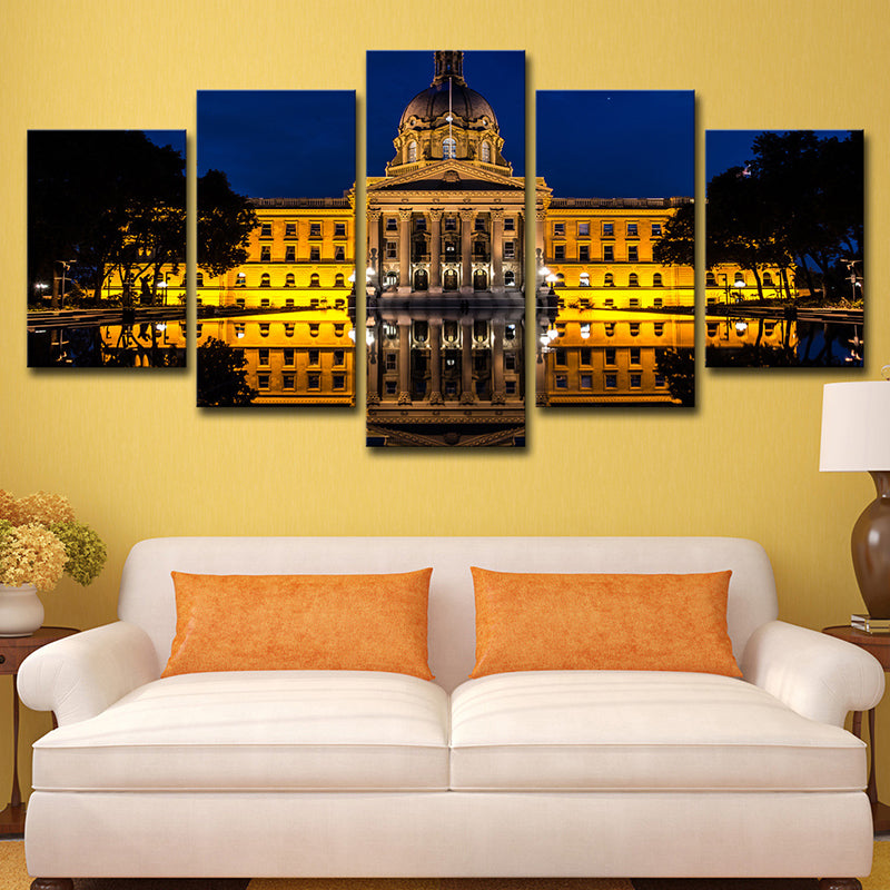 Landmark Wall Art Modern Beautiful Alberta Edmonton House at Night Canvas in Yellow Yellow Clearhalo 'Arts' 'Canvas Art' 1616401