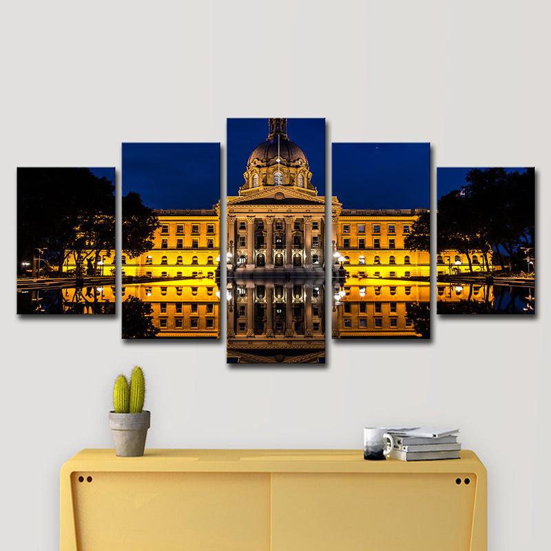 Landmark Wall Art Modern Beautiful Alberta Edmonton House at Night Canvas in Yellow Clearhalo 'Arts' 'Canvas Art' 1616402