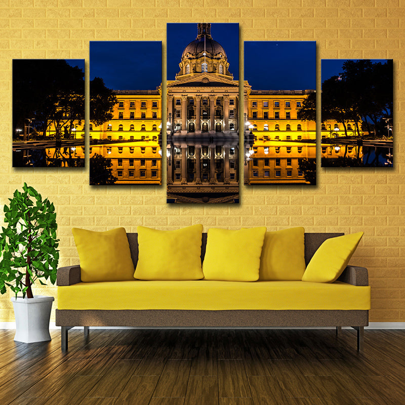 Landmark Wall Art Modern Beautiful Alberta Edmonton House at Night Canvas in Yellow Clearhalo 'Arts' 'Canvas Art' 1616403
