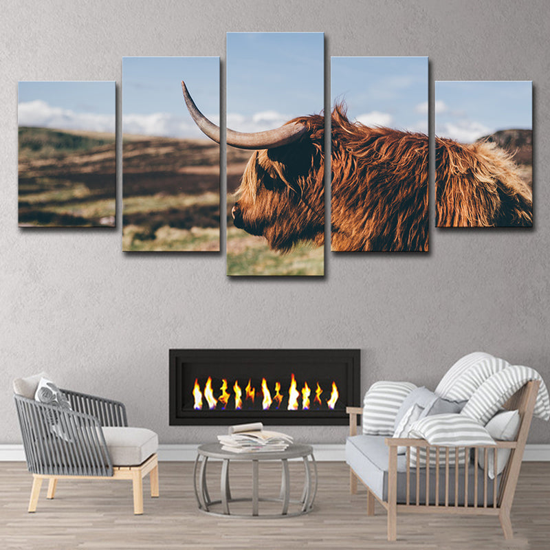 Photo Printed Yak Canvas Wall Art for Living Room, Brown and Blue, Multiple-Piece Brown Clearhalo 'Art Gallery' 'Canvas Art' 'Contemporary Art Gallery' 'Modern' Arts' 1616415